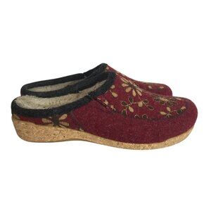Taos Womens Red Wool Slip On Mule Clogs Gold Flowers Cork Sole Size 8-8.5/39